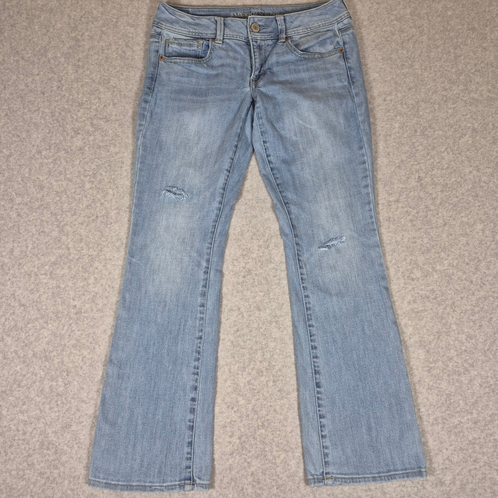 American Eagle Kick Boot Stretch Jeans Womens 6 Short Light Blue Distressed
